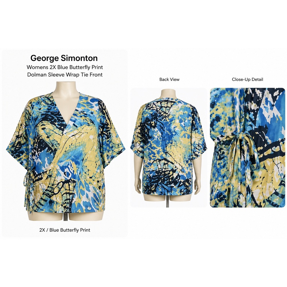 George Simonton Womens 2X Blue Butterfly Print Dolman Sleeve‎ Wrap Tie Front Top